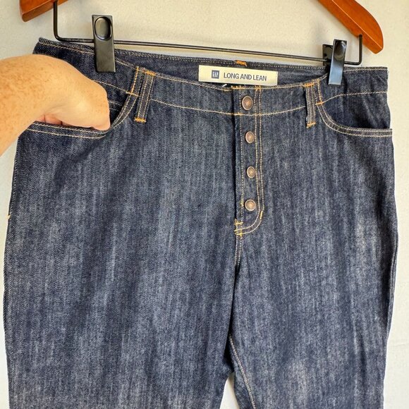 Vintage Y2K Gap Long and Lean 100% Cotton Dark Denim Snap Fly Bootcut Jeans - Picture 2 of 12